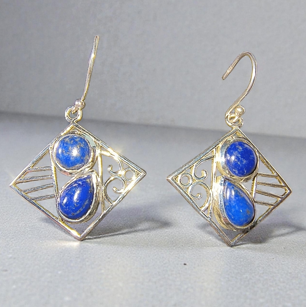 Natural Lapis Sterling Silver Dangle Contemporary Earrings Brand New